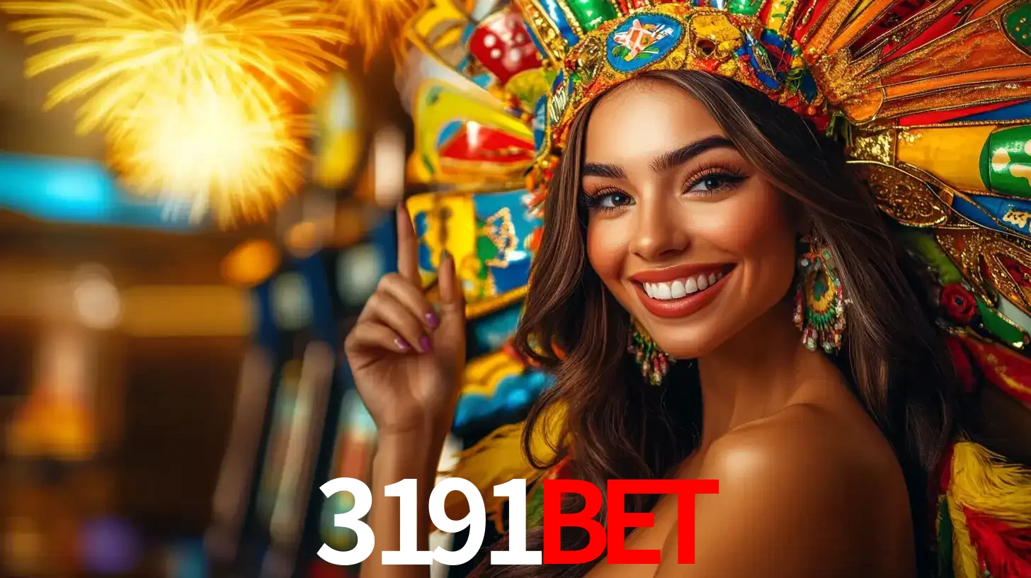 Mulher sorridente com um cocar de carnaval vibrante e colorido, celebrando uma grande vitória nos jogos do cassino 3191bet com fogos de artifício ao fundo.
