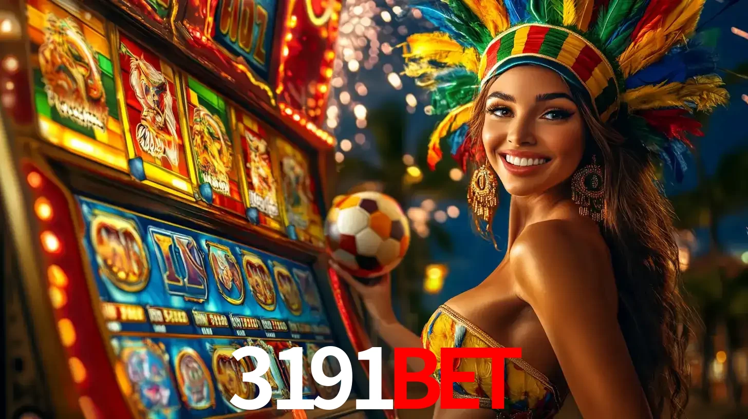 Mulher com um cocar de carnaval ao lado de uma máquina de caça-níqueis enquanto segura uma bola de futebol, mostrando a união da diversão de cassino e esportes no 3191bet.
