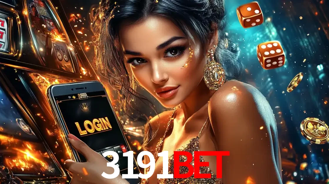 Mulher glamourosa segurando um celular com a tela de login do cassino 3191bet, rodeada por dados e moedas douradas, pronta para começar a diversão.