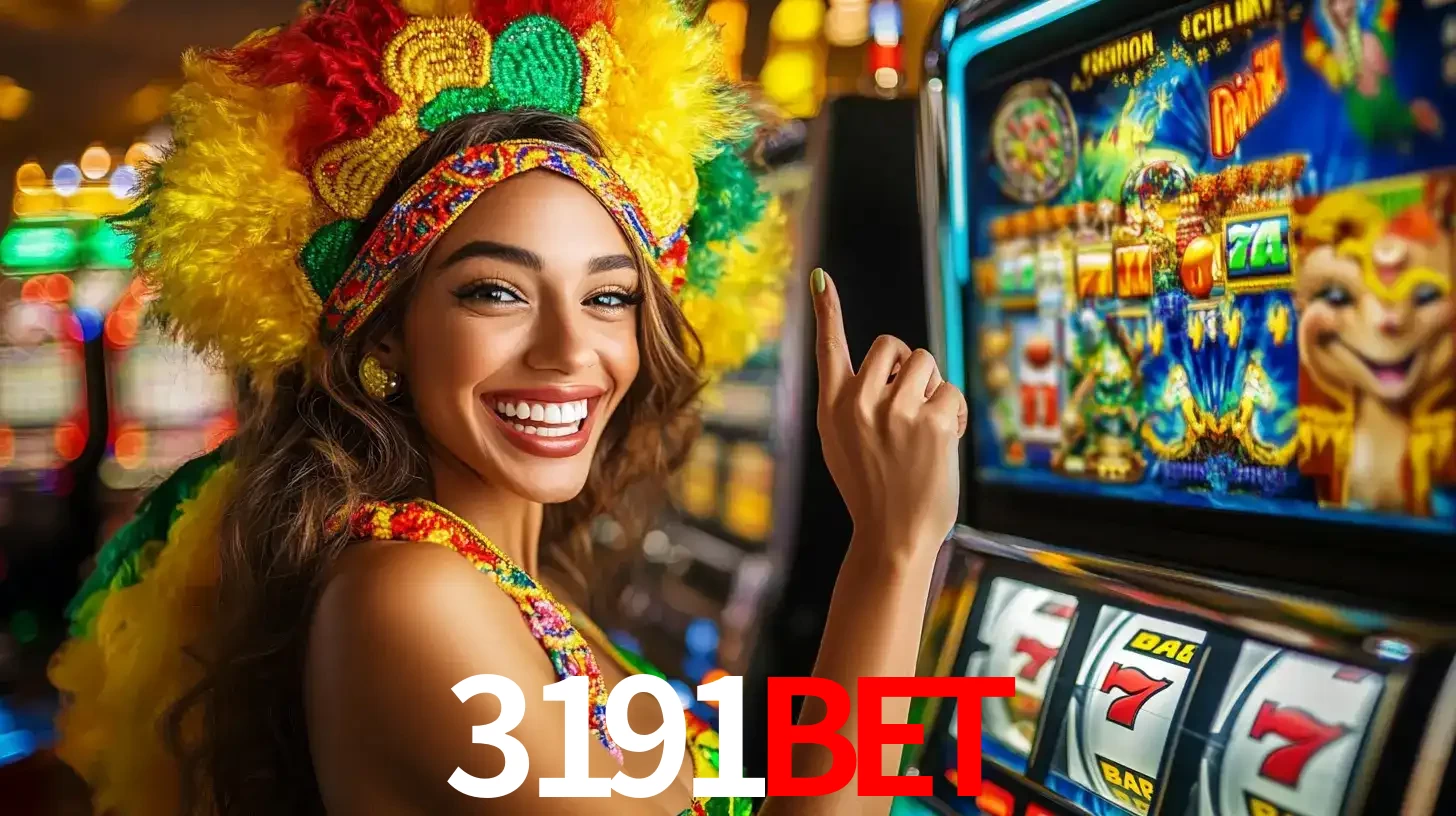 Mulher animada com um cocar de carnaval apontando para uma máquina de caça-níqueis, mostrando a emoção de ganhar um grande prêmio nos jogos do 3191bet.