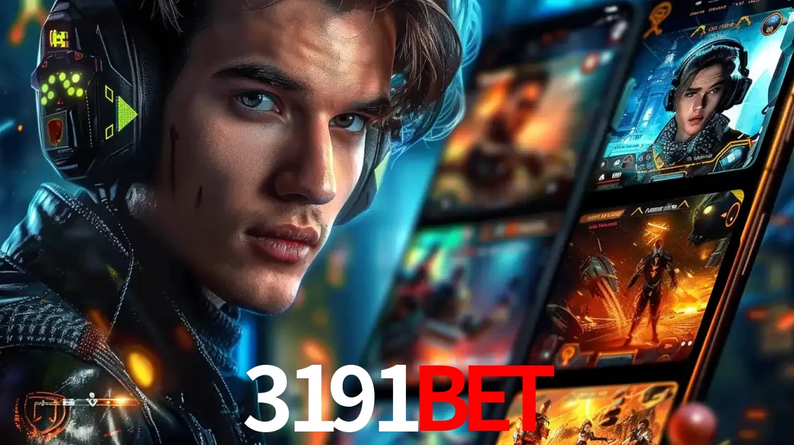 Jovem jogador com fones de ouvido olhando para a câmera, com um aplicativo de jogos e e-sports para celular ao fundo, pronto para a competição e apostas no 3191bet.