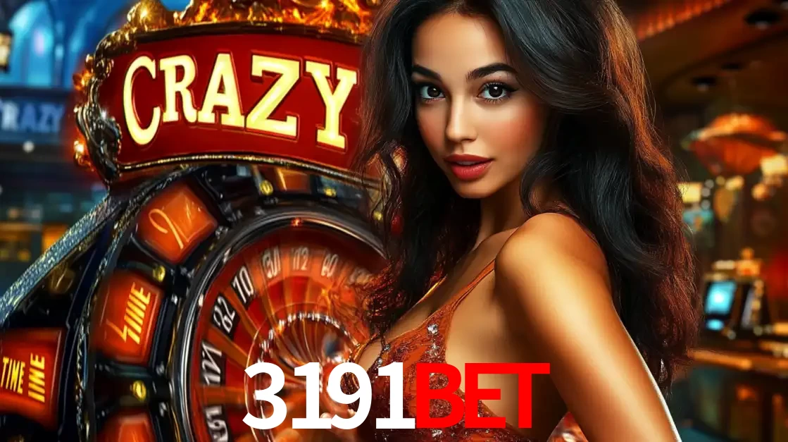 Mulher glamourosa olhando para a câmera com a roda vermelha do Crazy Time ao fundo em um ambiente de cassino, destacando a emoção dos jogos ao vivo no 3191bet.