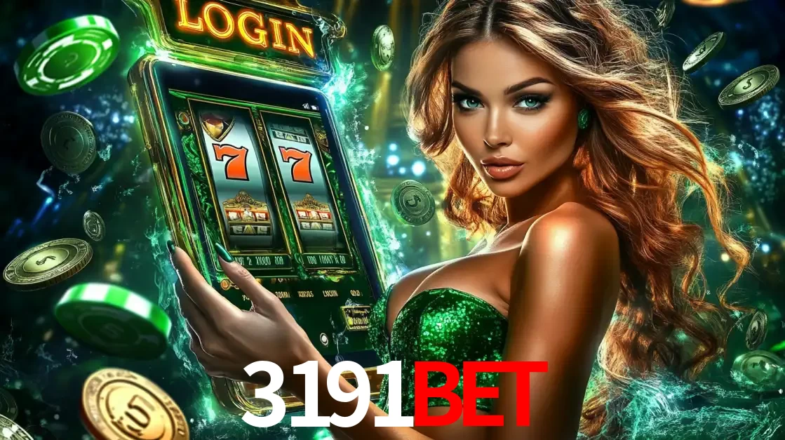 Mulher com tema verde apresentando o aplicativo do cassino 3191bet com um jogo de slot de 777, cercada por fichas de cassino e uma aura de sorte.