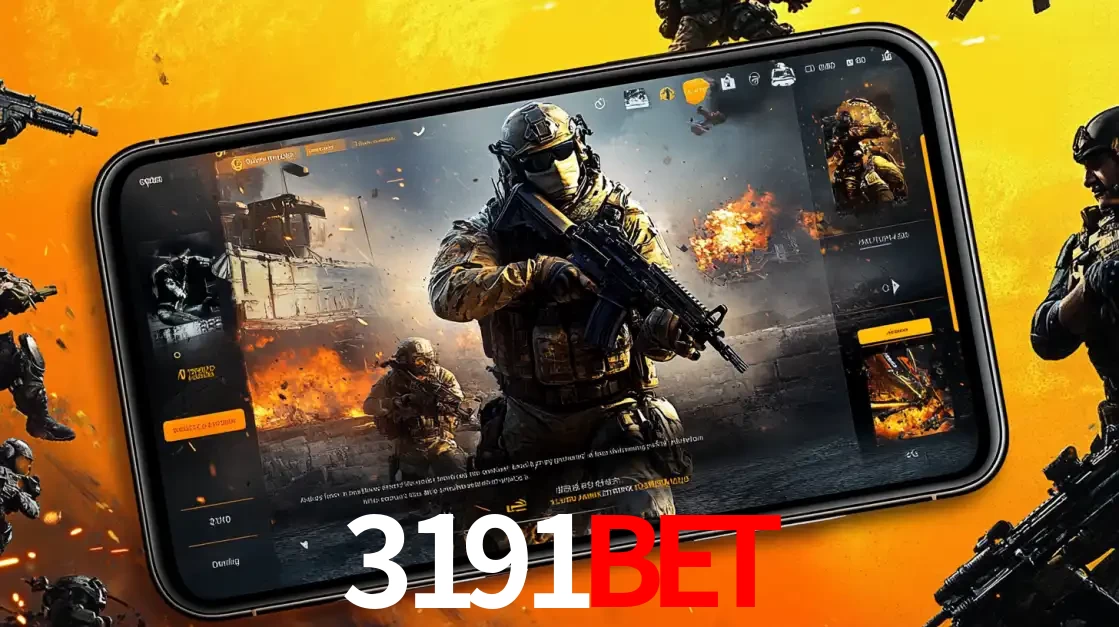 Um smartphone exibindo a interface de um jogo de tiro em primeira pessoa, com um soldado em um cenário de batalha, representando a ação dos e-sports para apostar no 3191bet.