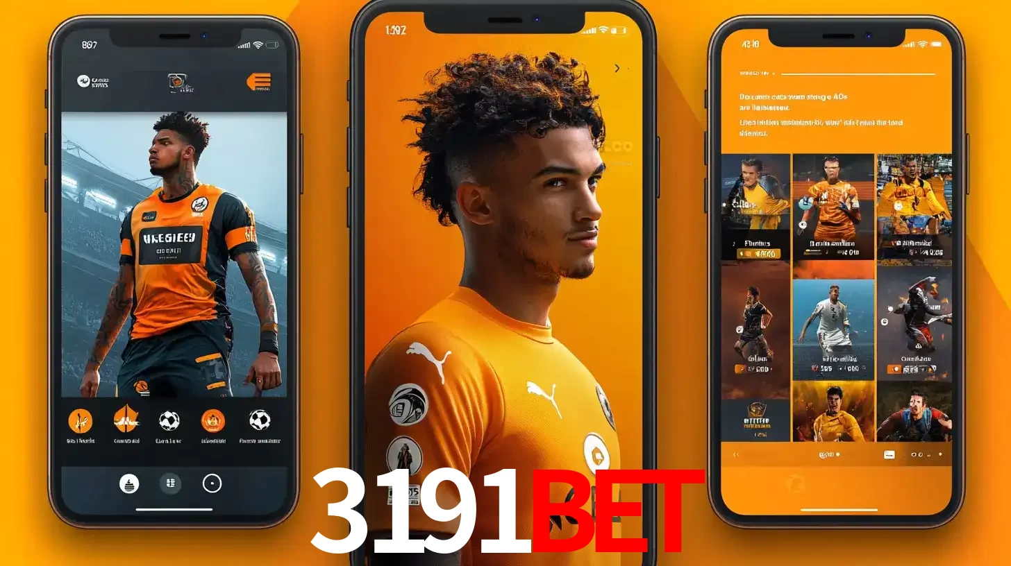 Interface do aplicativo de apostas esportivas 3191bet em três telas de celular, mostrando o perfil de um jogador de futebol e a lista de jogos disponíveis para apostar.