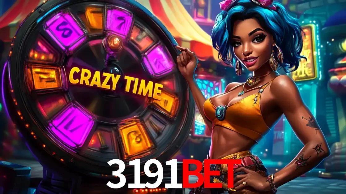 Mulher estilizada com cabelo azul e visual vibrante posando ao lado da roda de prêmios do game show Crazy Time, convidando para a diversão e os bônus do cassino 3191bet.