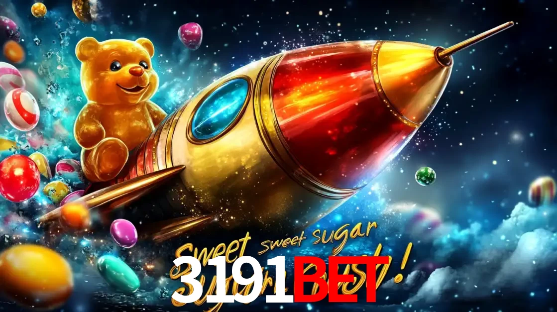 Arte promocional do jogo de slot Sugar Rush, com um urso de pelúcia em um foguete viajando pelo espaço de doces, um dos jogos divertidos disponíveis no cassino 3191bet.