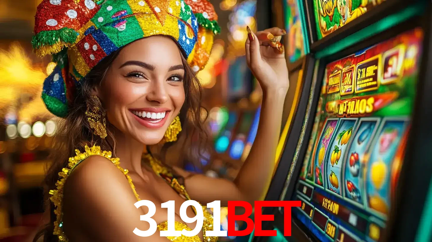 Mulher feliz com traje de carnaval amarelo e colorido ao lado de uma máquina de caça-níqueis, aproveitando a diversão e os jogos temáticos do cassino 3191bet.
