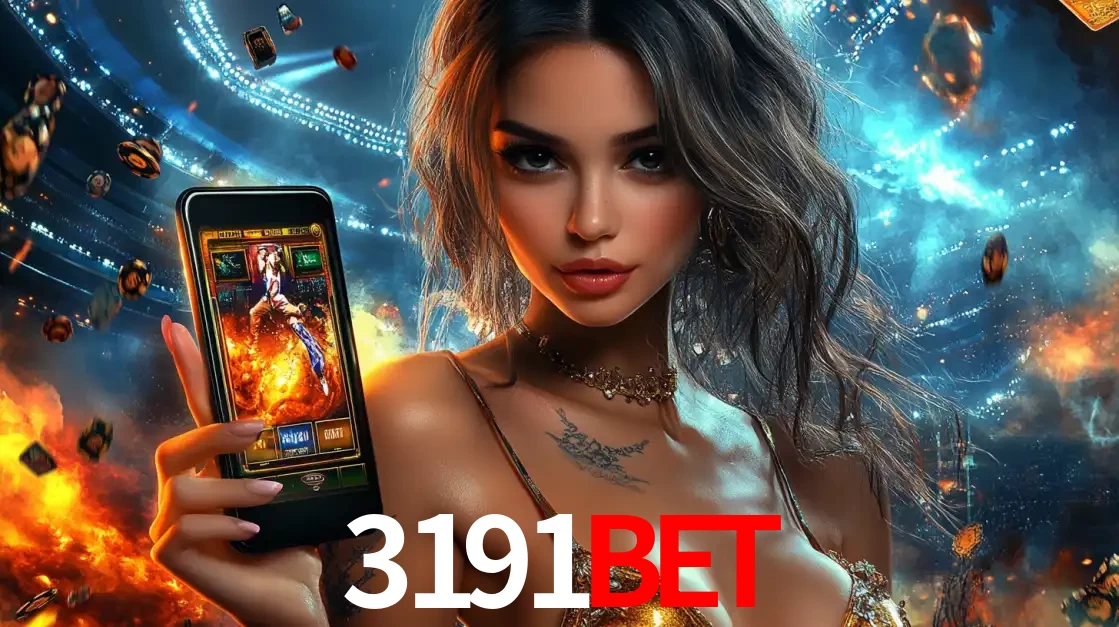 Mulher segurando um celular com um jogo de slot em destaque, tendo como fundo um estádio vibrante, simbolizando a emoção de jogar no cassino móvel 3191bet.