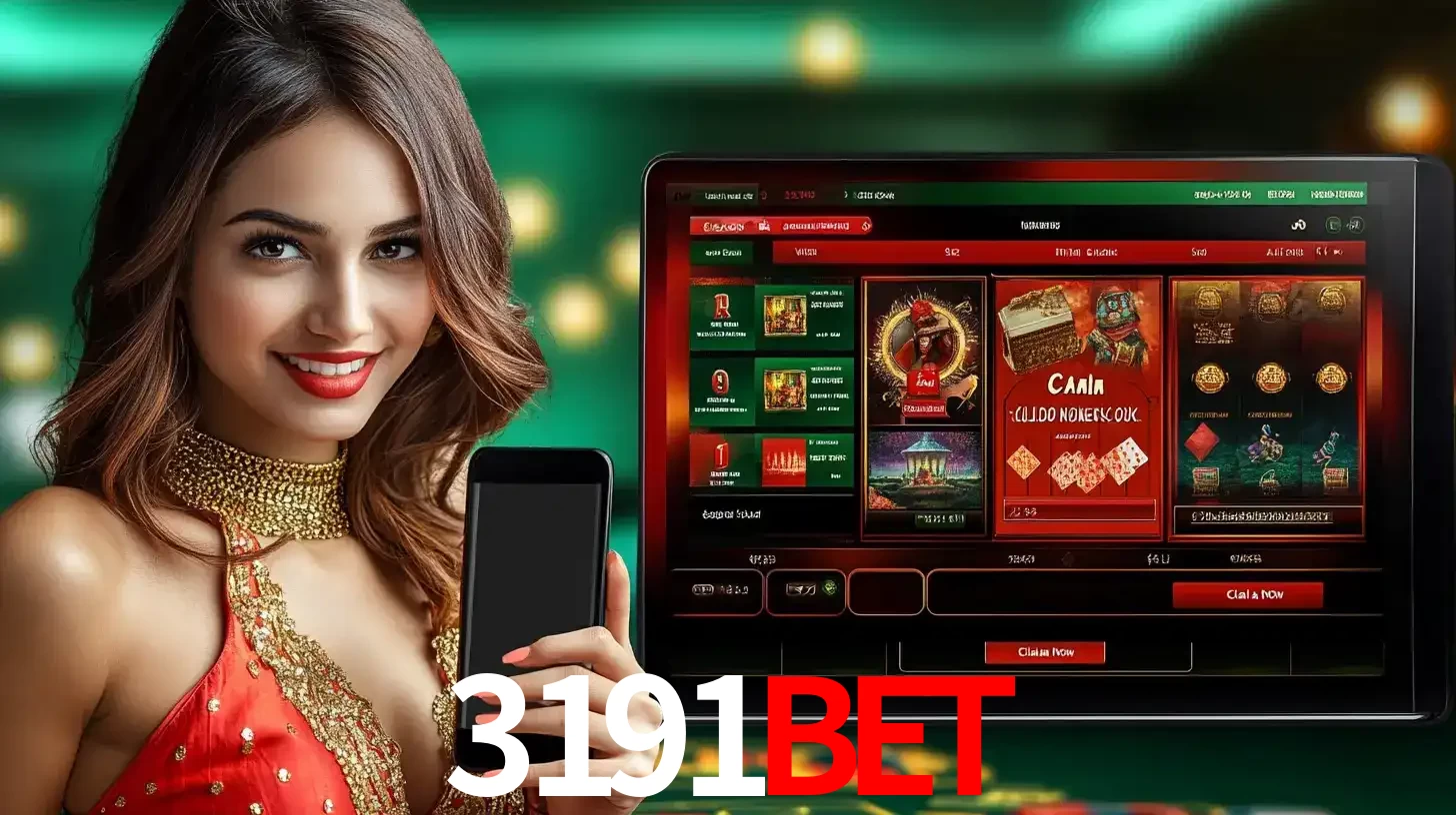 Mulher sorridente segurando um smartphone, ao lado de uma tela exibindo o lobby de jogos do cassino online 3191bet, com várias opções de jogos de cartas e slots.